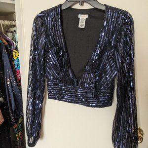 NWOT PUG / Light Up The Night Sequin Crop Top in Navy